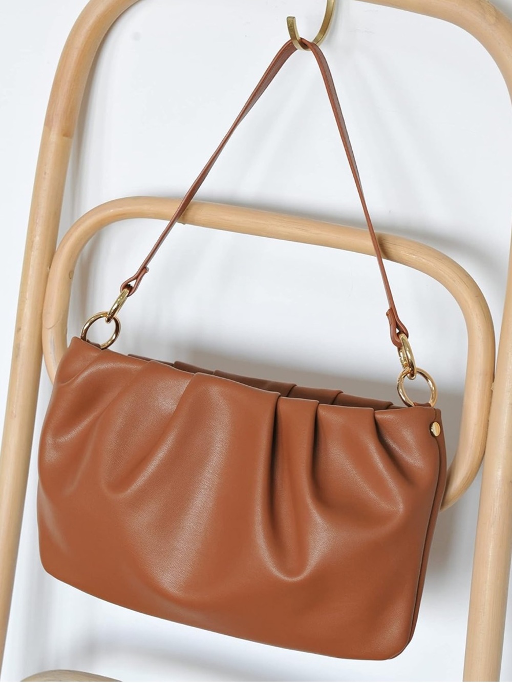 Stylish Ruched Vegan Leather Shoulder Bag in Cognac Brown - Picture 2 of 3